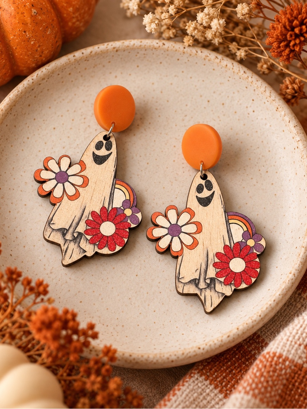 Orange Ghost & Flower Dangle Earrings - Whimsical Halloween Jewelry